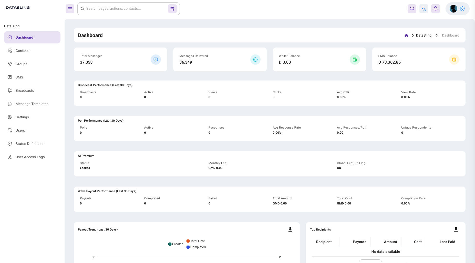 Datasling bulk messaging dashboard